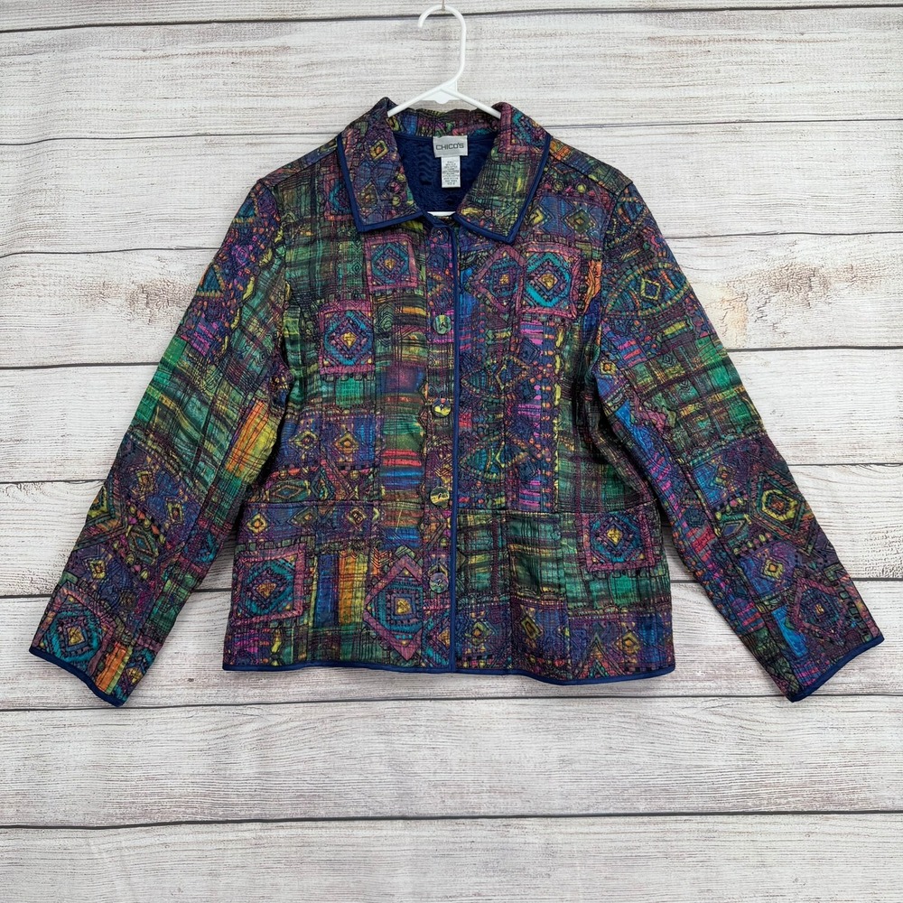 Chico's Quilted Jacket Women Size 2 Multi-Color Silk Cotton Geometric Abstract